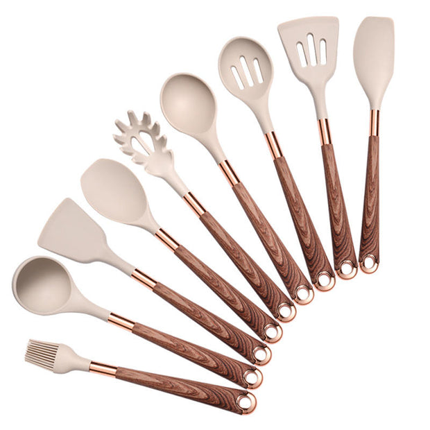 10 Pieces Kitchen Tools Set Wooden Handle Cooking Kitchen Utensil Set Silicone Utensils.