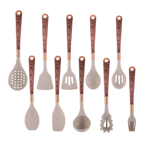 10 Pieces Kitchen Tools Set Wooden Handle Cooking Kitchen Utensil Set Silicone Utensils.