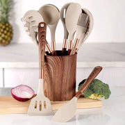 10 Pieces Kitchen Tools Set Wooden Handle Cooking Kitchen Utensil Set Silicone Utensils.