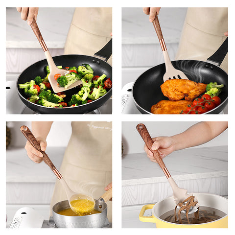 10 Pieces Kitchen Tools Set Wooden Handle Cooking Kitchen Utensil Set Silicone Utensils.