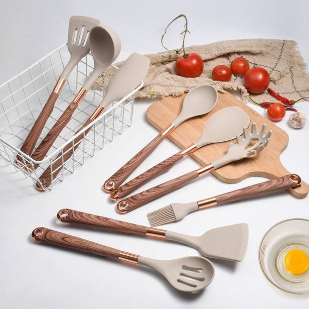 10 Pieces Kitchen Tools Set Wooden Handle Cooking Kitchen Utensil Set Silicone Utensils.