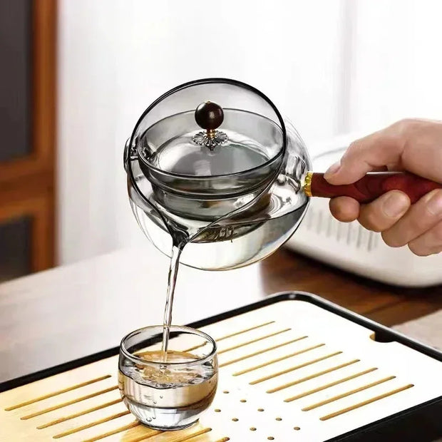 Semi-automatic Rotary Heat Resistant Glass Teapot Tea Making With Infuser And Wooden Handle Office Home Accessories Kitchen.